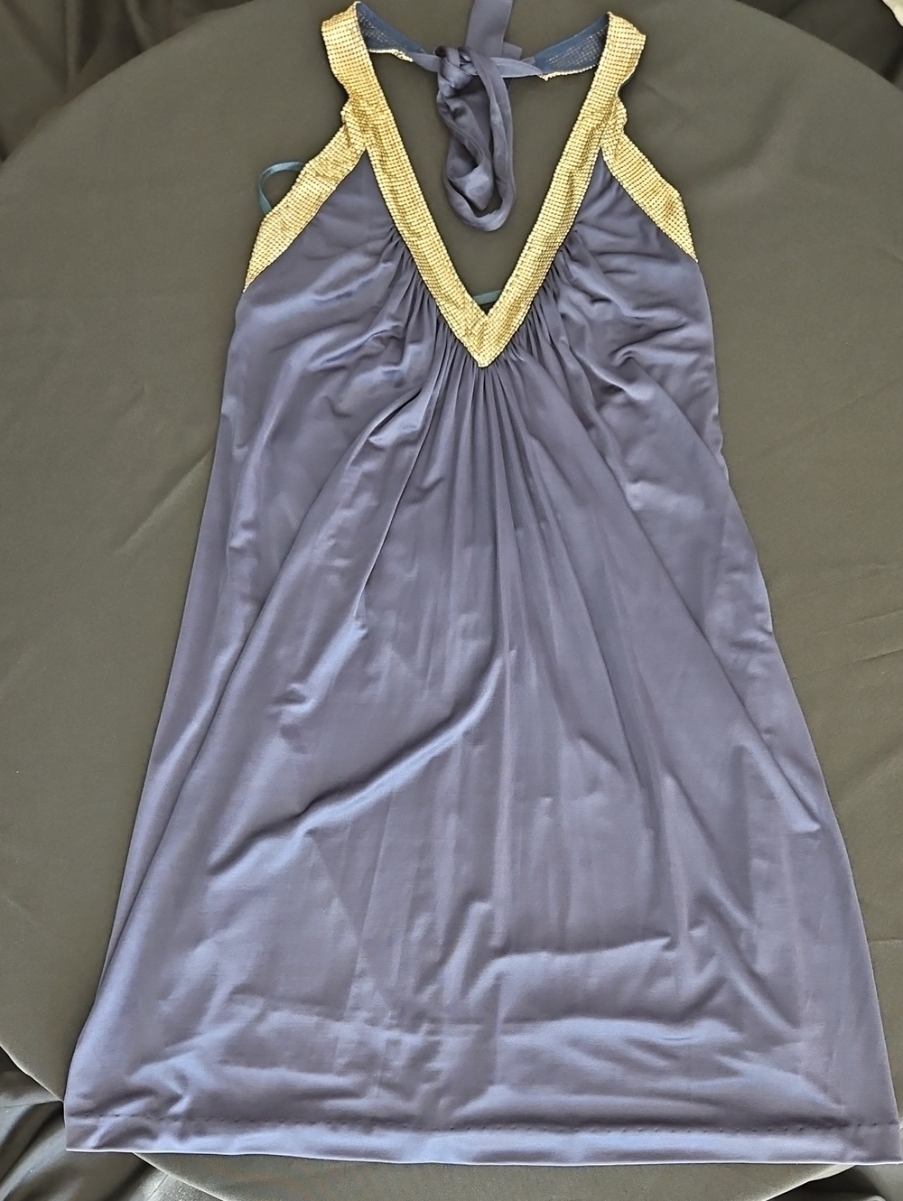 BCBGMaxAzria Slate Blue Halter Dress with Gold Beaded Trim